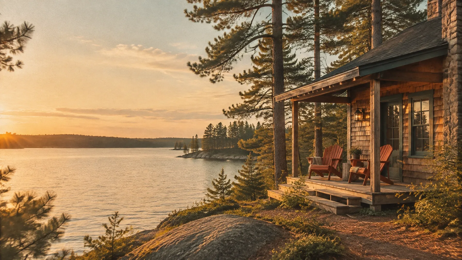 A cedar cottage beside a quiet lake